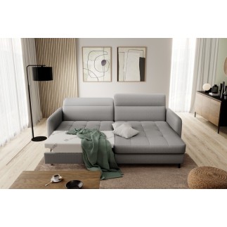 Canapé d'angle convertible en tissu, avec rangement, gris, angle droit, GOVIA