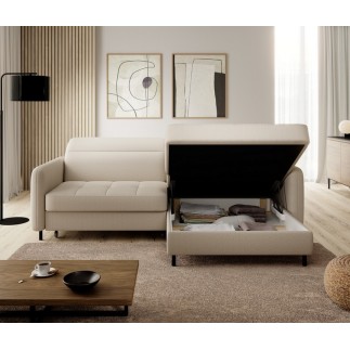 Canapé d'angle convertible en tissu, avec rangement, beige, angle droit, GOVIA