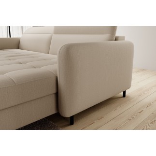 Canapé d'angle convertible en tissu, avec rangement, beige, angle droit, GOVIA