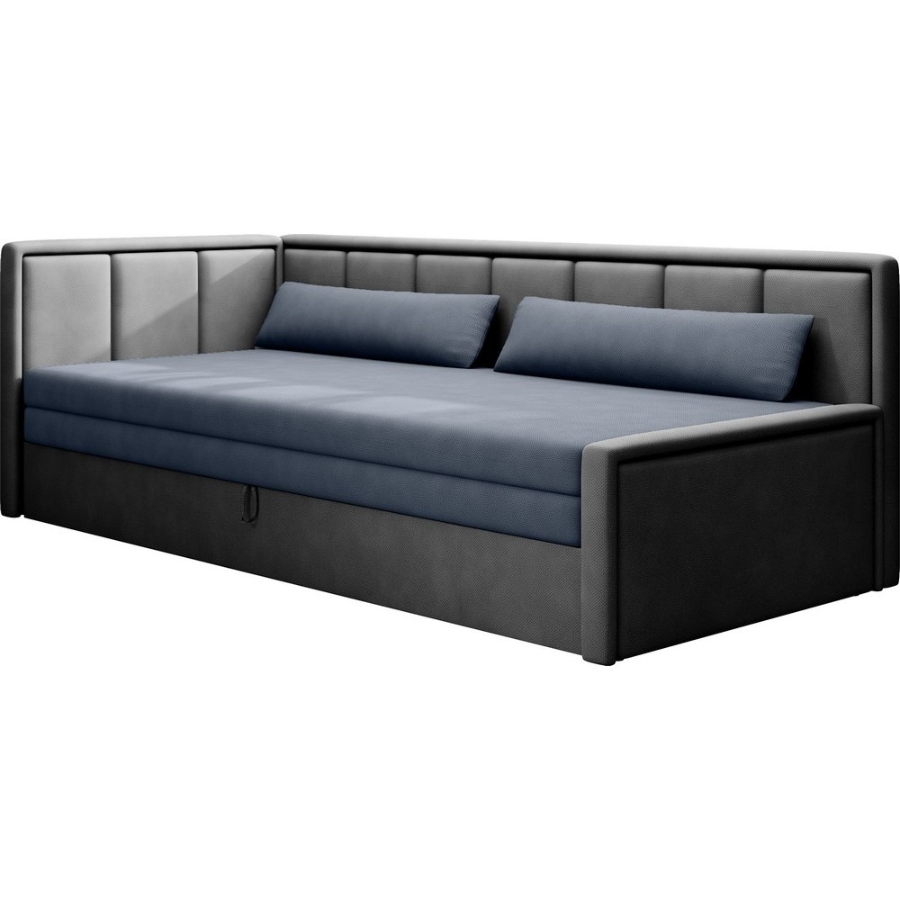 Canapé convertible en tissu avec rangement, bleu et gris, angle gauche, FULA, 3 places Canapé convertible en tissu avec rangement, bleu et gris, angle gauche, FULA, 3 places