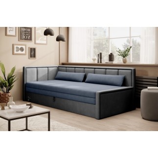 Canapé convertible en tissu avec rangement, bleu et gris, angle gauche, FULA, 3 places