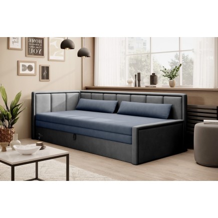 Canapé convertible en tissu avec rangement, bleu et gris, angle gauche, FULA, 3 places