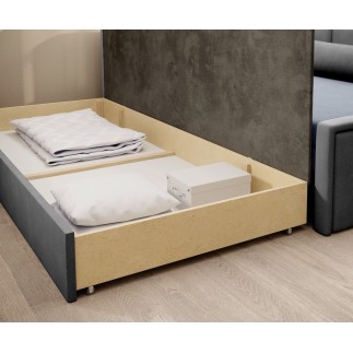 Canapé convertible en tissu avec rangement, bleu et gris, angle gauche, FULA