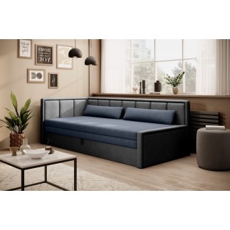 Canapé convertible en tissu avec rangement, bleu et gris, angle gauche, FULA