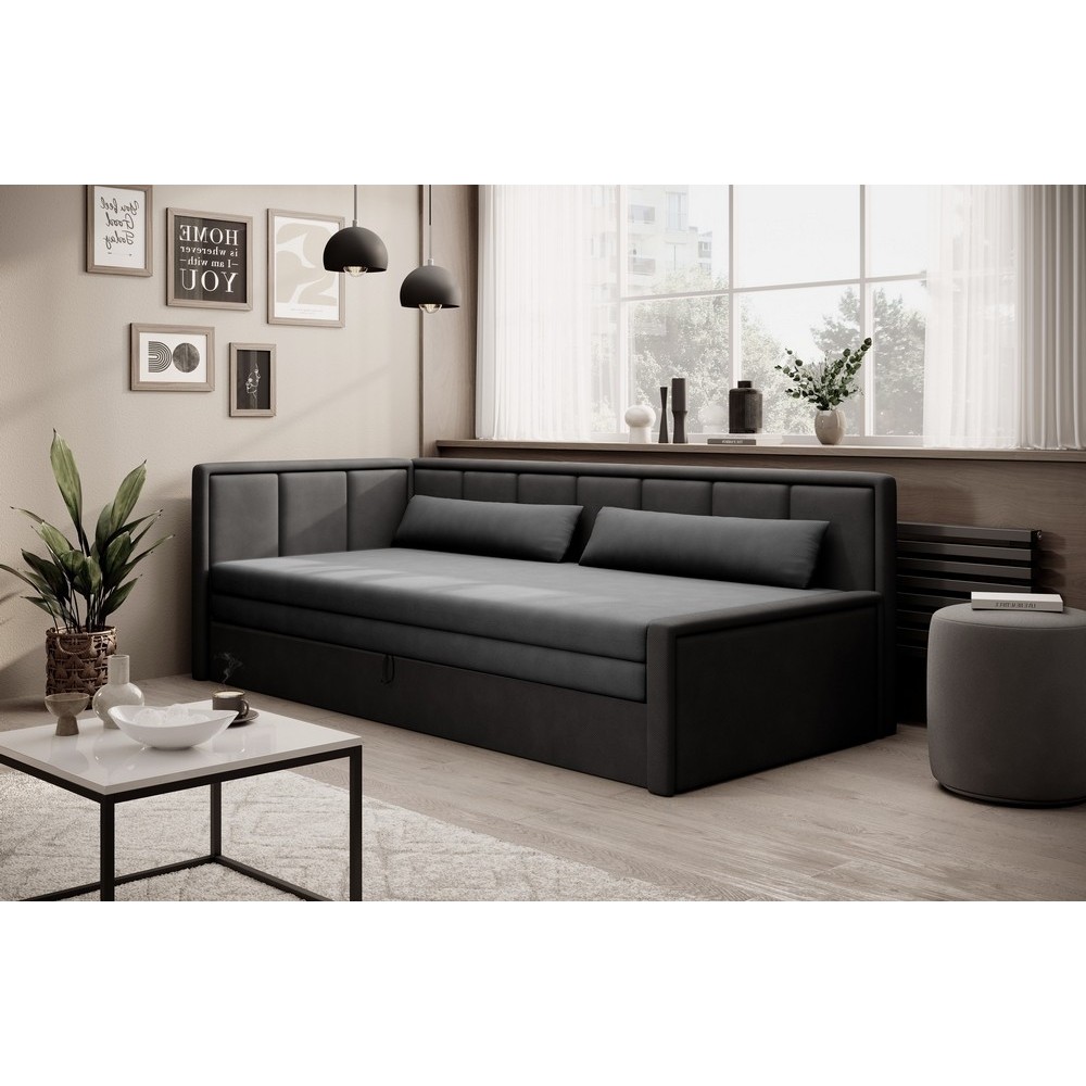 Canapé convertible en tissu avec rangement, gris et noir, angle gauche, FULA, 3 places Canapé convertible en tissu avec rangement, gris et noir, angle gauche, FULA, 3 places