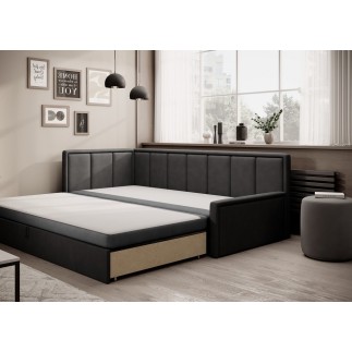 Canapé convertible en tissu avec rangement, gris et noir, angle gauche, FULA