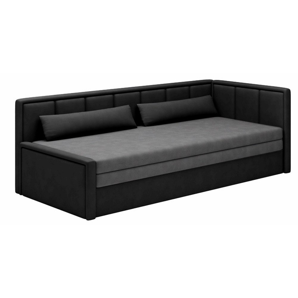 Canapé convertible en tissu avec rangement, gris et noir, angle DROIT, FULA, 3 places Canapé convertible en tissu avec rangement, gris et noir, angle DROIT, FULA, 3 places