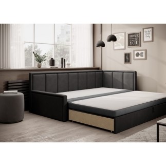 Canapé convertible en tissu avec rangement, gris et noir, angle DROIT, FULA