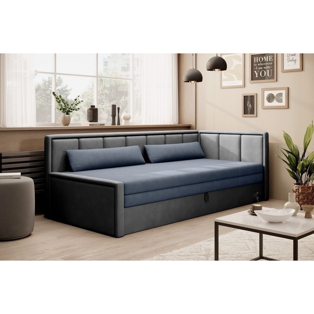 Canapé convertible en tissu avec rangement, bleu et gris, angle droit, FULA, 3 places Canapé convertible en tissu avec rangement, bleu et gris, angle droit, FULA, 3 places