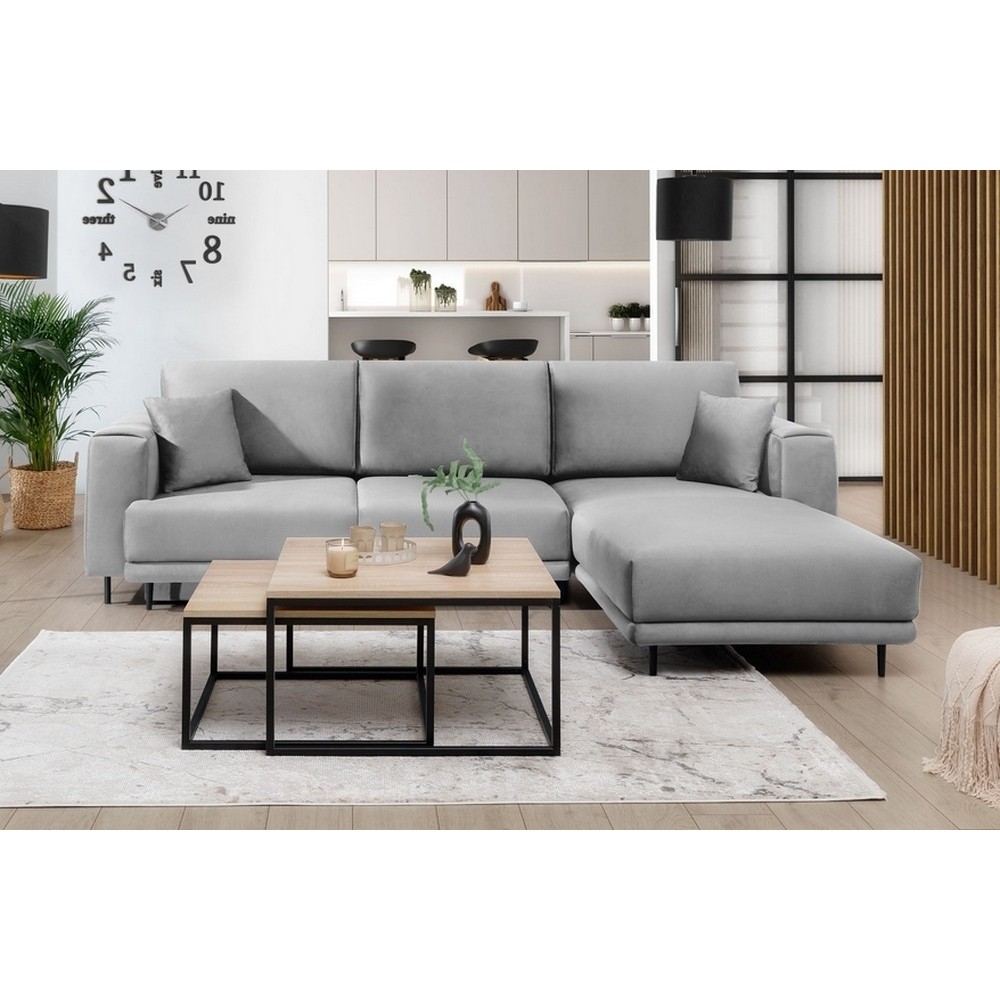 Canapé d'angle convertible en velours, avec rangement, gris, angle droit, DALLAS, 4 places