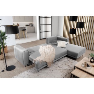 Canapé d'angle convertible en velours, avec rangement, gris, angle droit, DALLAS