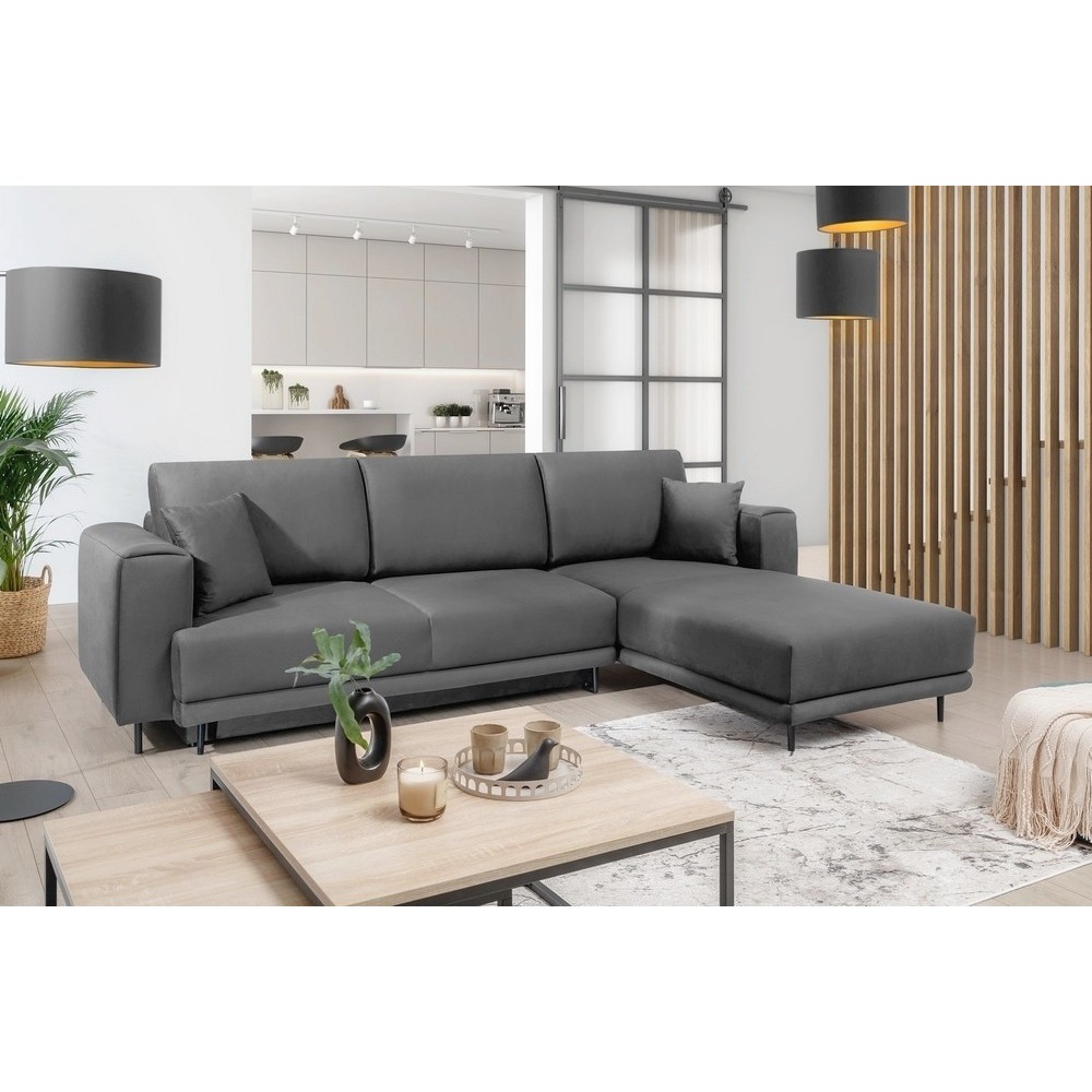 Canapé d'angle convertible en velours, avec rangement, gris foncé, angle droit, DALLAS, 4 places Canapé d'angle convertible en velours, avec rangement, gris foncé, angle droit, DALLAS, 4 places