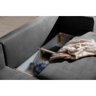 Canapé d'angle convertible en velours, avec rangement, gris foncé, angle droit, DALLAS