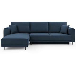 Canapé d'angle convertible en velours, avec rangement, bleu foncé, angle gauche, DALLAS