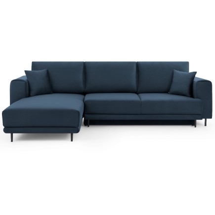 Canapé d'angle convertible en velours, avec rangement, bleu foncé, angle gauche, DALLAS