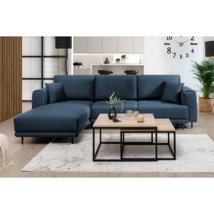Canapé d'angle convertible en velours, avec rangement, bleu foncé, angle gauche, DALLAS, 4 places