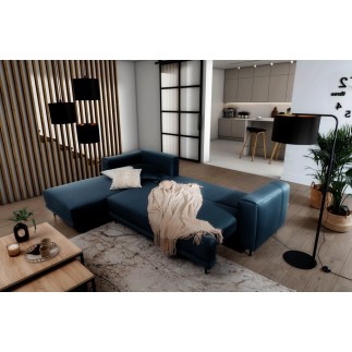 Canapé d'angle convertible en velours, avec rangement, bleu foncé, angle gauche, DALLAS