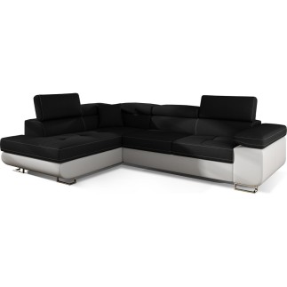 Canapé d'angle convertible en tissu luxe et simili cuir 5 places, coffre, noir / blanc, angle gauche (vu de face), ANNECY MIX