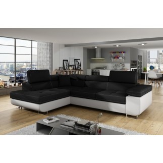 Canapé d'angle convertible en tissu luxe et simili cuir 5 places, coffre, noir / blanc, angle gauche (vu de face), ANNECY MIX