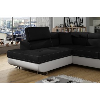 Canapé d'angle convertible en tissu luxe et simili cuir 5 places, coffre, noir / blanc, angle gauche (vu de face), ANNECY MIX