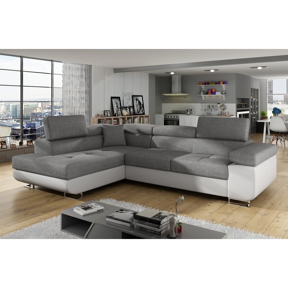 - Canapé d'angle convertible en tissu luxe et simili cuir 5 places, coffre, gris / blanc cassé, angle gauche (vu de face), ANNEC - Canapé d'angle convertible en tissu luxe et simili cuir 5 places, coffre, gris / blanc cassé, angle gauche (vu de face), ANNEC