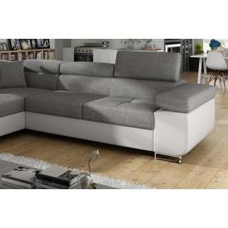 - Canapé d'angle convertible en tissu luxe et simili cuir 5 places, coffre, gris / blanc cassé, angle gauche (vu de face), ANNEC