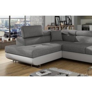 - Canapé d'angle convertible en tissu luxe et simili cuir 5 places, coffre, gris / blanc cassé, angle gauche (vu de face), ANNEC