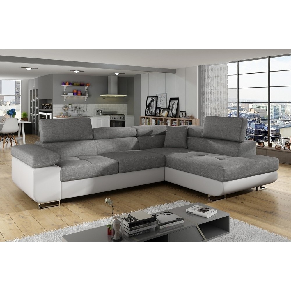 Canapé d'angle convertible en tissu luxe et simili cuir 5 places, coffre, gris / blanc cassé, angle droit (vu de face), ANNECY M Canapé d'angle convertible en tissu luxe et simili cuir 5 places, coffre, gris / blanc cassé, angle droit (vu de face), ANNECY M