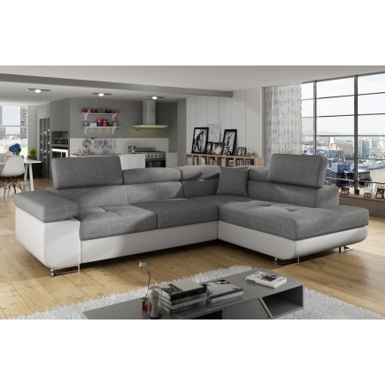 Canapé d'angle convertible en tissu luxe et simili cuir 5 places, coffre, gris / blanc cassé, angle droit (vu de face), ANNECY M