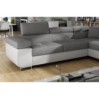 Canapé d'angle convertible en tissu luxe et simili cuir 5 places, coffre, gris / blanc cassé, angle droit (vu de face), ANNECY M