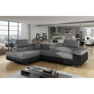 Canapé d'angle convertible en tissu luxe et simili cuir 5 places, coffre, gris / noir, angle gauche (vu de face), ANNECY MIX