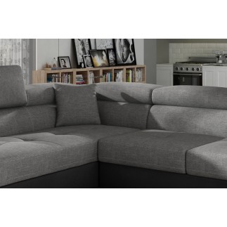 Canapé d'angle convertible en tissu luxe et simili cuir 5 places, coffre, gris / noir, angle gauche (vu de face), ANNECY MIX