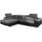 Canapé d'angle convertible en tissu luxe et simili cuir 5 places, coffre, gris / noir, angle gauche (vu de face), ANNECY MIX