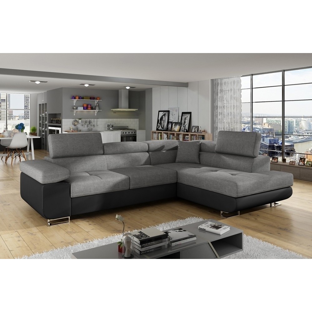 Canapé d'angle convertible en tissu luxe et simili cuir 5 places, coffre, gris / noir, angle droit (vu de face), ANNECY MIX
