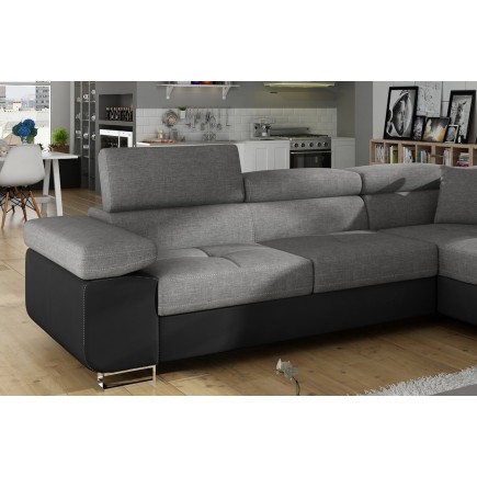 Canapé d'angle convertible en tissu luxe et simili cuir 5 places, coffre, gris / noir, angle droit (vu de face), ANNECY MIX