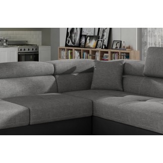 Canapé d'angle convertible en tissu luxe et simili cuir 5 places, coffre, gris / noir, angle droit (vu de face), ANNECY MIX