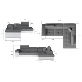 Canapé d'angle convertible en tissu luxe et simili cuir 5 places, coffre, gris / noir, angle droit (vu de face), ANNECY MIX