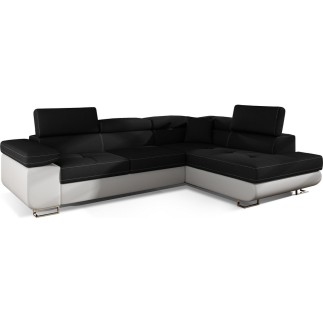 Canapé d'angle convertible en tissu luxe et simili cuir 5 places, coffre, noir / blanc, angle droit (vu de face), ANNECY MIX