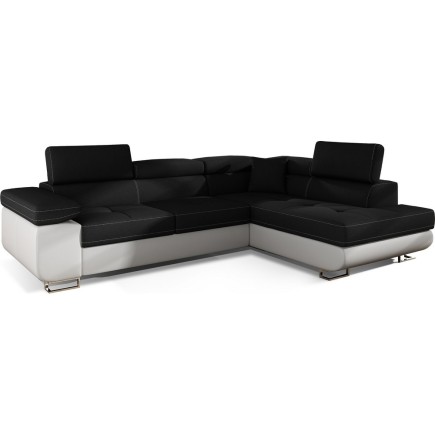 Canapé d'angle convertible en tissu luxe et simili cuir 5 places, coffre, noir / blanc, angle droit (vu de face), ANNECY MIX