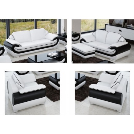 Ensemble composé : Un canapé 3 places + un canapé 2 places + 2 fauteuils en cuir italien vachette CANDIDE blanc et noir