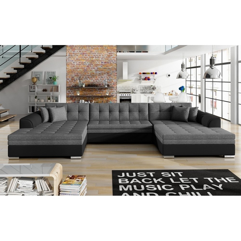 Canapé panoramique convertible en tissu gris et simili noir de qualité, réversible (gauche et droit) - VENTURA Mix, 7 places Canapé panoramique convertible en tissu gris et simili noir de qualité, réversible (gauche et droit) - VENTURA Mix, 7 places