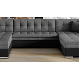 Canapé panoramique convertible en tissu gris et simili noir de qualité, réversible (gauche et droit) - VENTURA Mix