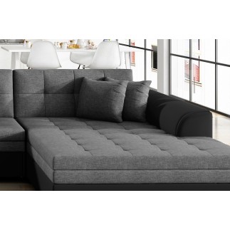 Canapé panoramique convertible en tissu gris et simili noir de qualité, réversible (gauche et droit) - VENTURA Mix