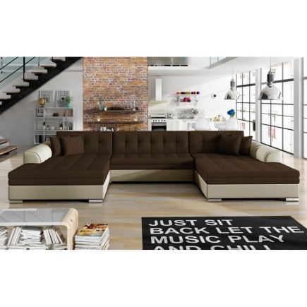 Canapé panoramique convertible en tissu chocolat et simili beige, de qualité, réversible (gauche et droit) - VENTURA Mix