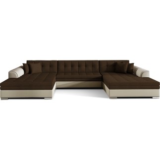Canapé panoramique convertible en tissu chocolat et simili beige, de qualité, réversible (gauche et droit) - VENTURA Mix, 7 plac