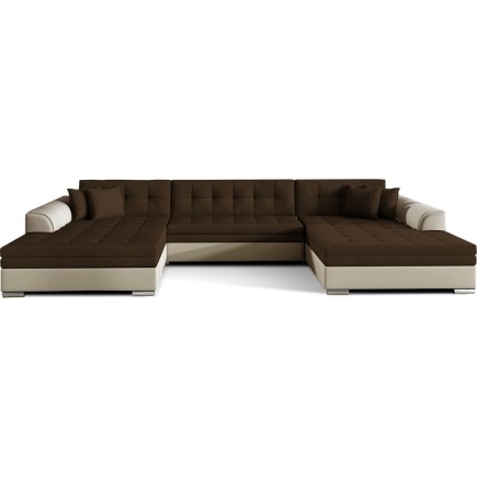 Canapé panoramique convertible en tissu chocolat et simili beige, de qualité, réversible (gauche et droit) - VENTURA Mix, 7 plac
