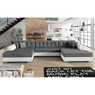 Canapé panoramique convertible en tissu gris et simili blanc cassé de qualité, réversible (gauche et droit) - VENTURA Mix