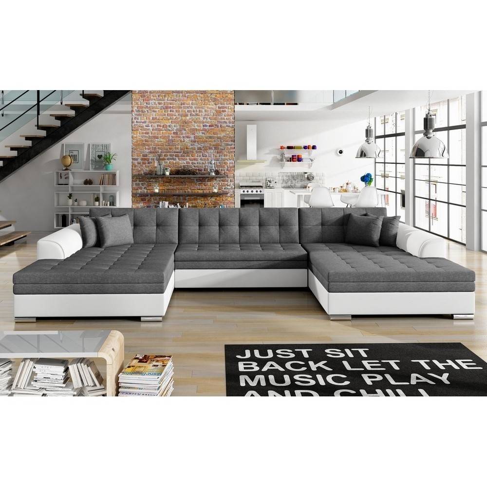 Canapé panoramique convertible en tissu gris et simili blanc cassé de qualité, réversible (gauche et droit) - VENTURA Mix, 7 pla Canapé panoramique convertible en tissu gris et simili blanc cassé de qualité, réversible (gauche et droit) - VENTURA Mix, 7 pla