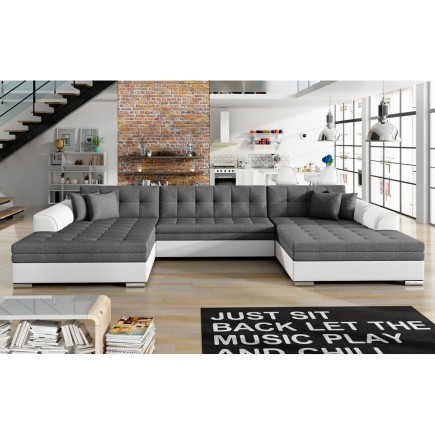 Canapé panoramique convertible en tissu gris et simili blanc cassé de qualité, réversible (gauche et droit) - VENTURA Mix