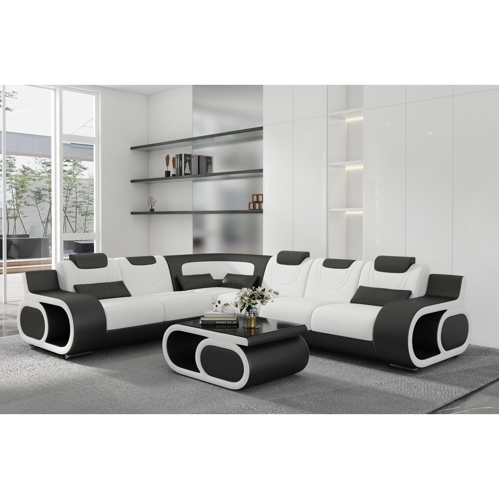 - Canapé d'angle en cuir italien 7 places LUXEMBOURG, blanc et noir, angle gauche - Canapé d'angle en cuir italien 7 places LUXEMBOURG, blanc et noir, angle gauche